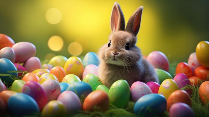 ai generated adorable easter bunny with easter eggs colorful easter eggs banner and wallpaper ai generative photo